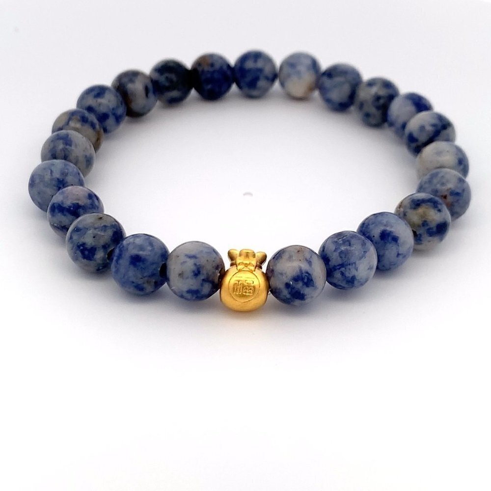 24K Gold Money Bag  Lucky Charm Bracelet Gemstones Natural Blue Spot Jasper
